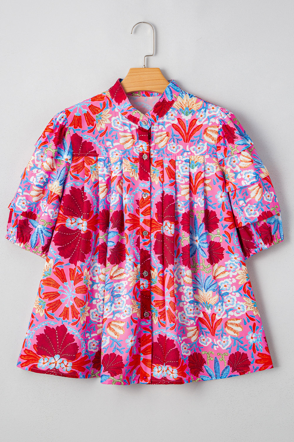 Pink Floral Print Bubble Sleeve Button Up Pleated Shirt-Tops/Blouses & Shirts-[Adult]-[Female]-2022 Online Blue Zone Planet