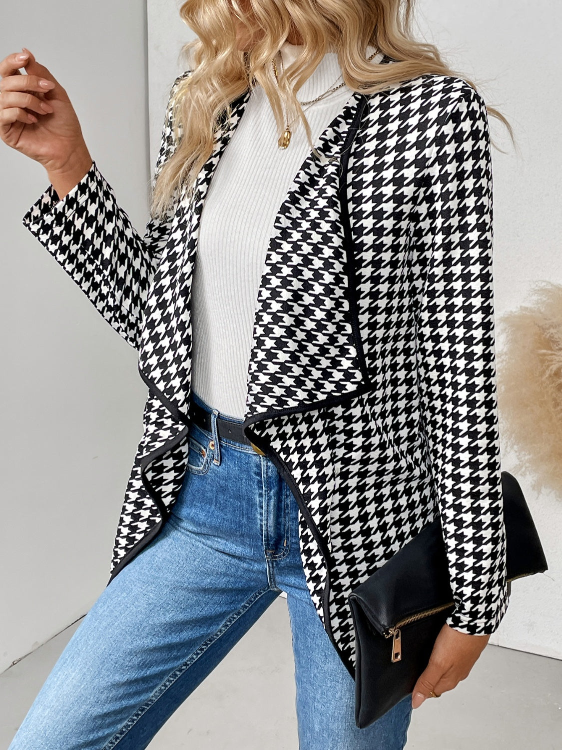 Houndstooth Open Front Long Sleeve Jacket-TOPS / DRESSES-[Adult]-[Female]-2022 Online Blue Zone Planet