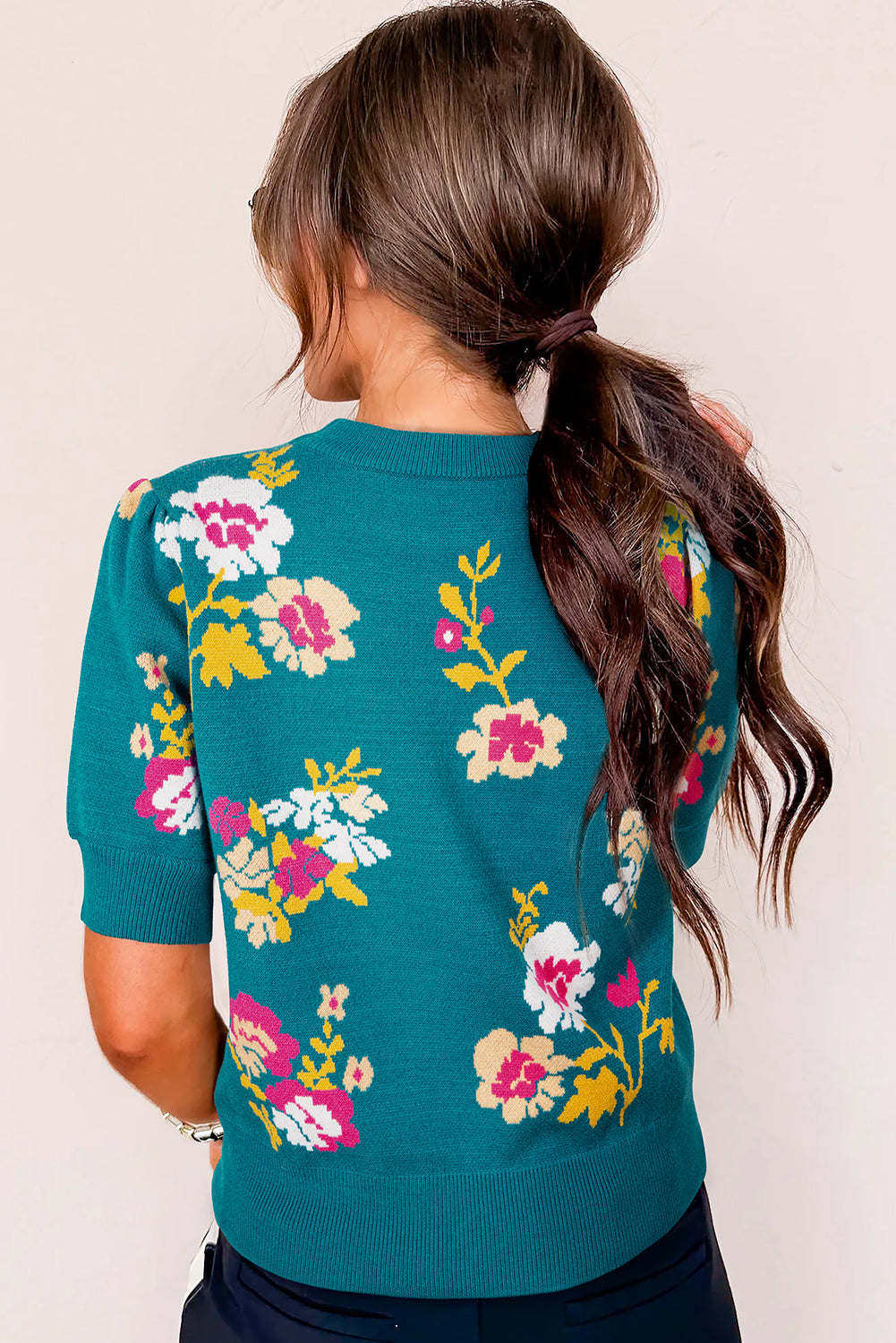 Blue Flower Pattern Mock Neck Short Sleeve Knitted T Shirt-Sweaters & Cardigans/Short Sleeve Sweaters-[Adult]-[Female]-2022 Online Blue Zone Planet