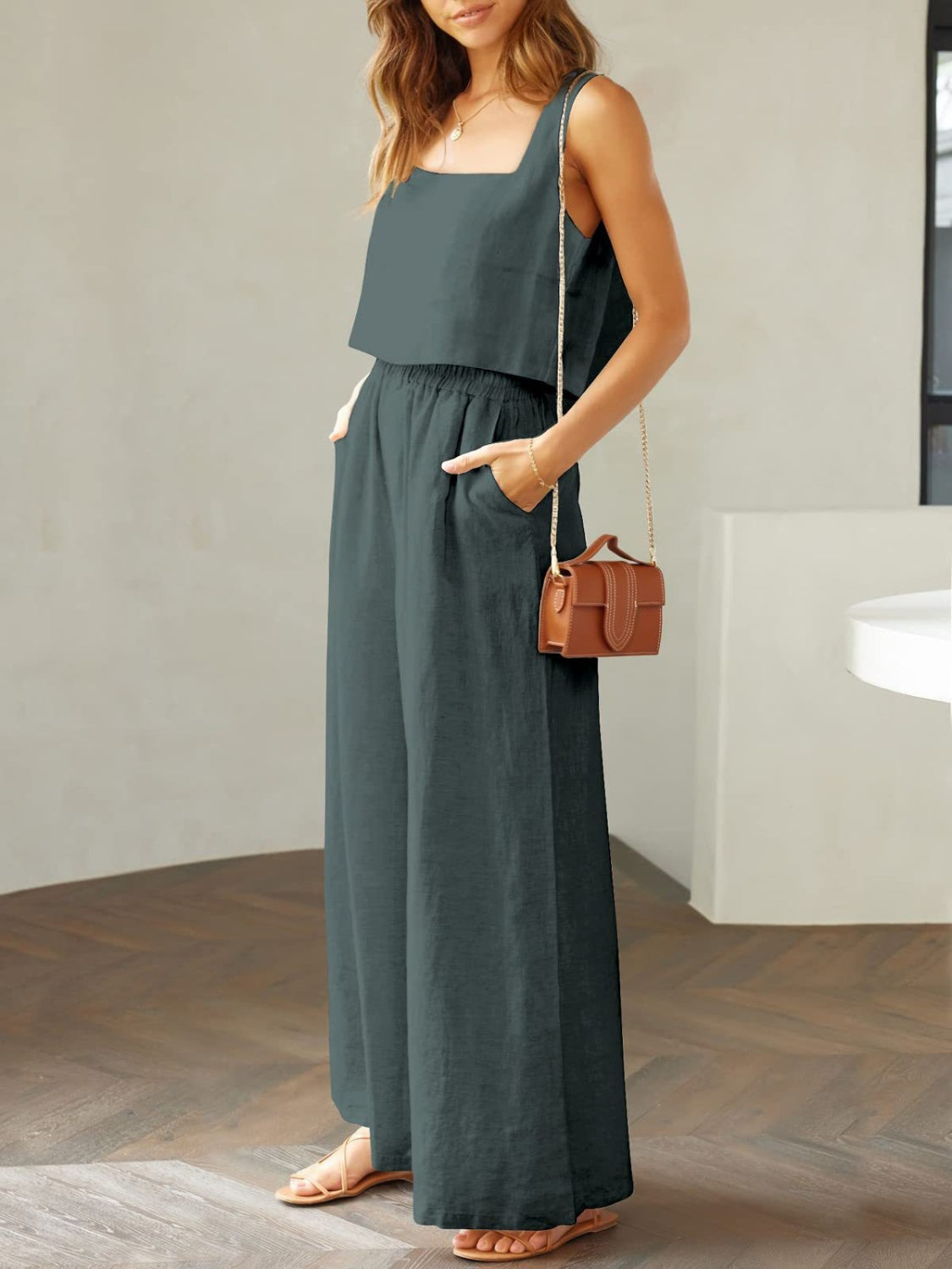 Square Neck Top and Wide Leg Pants Set-TOPS / DRESSES-[Adult]-[Female]-2022 Online Blue Zone Planet