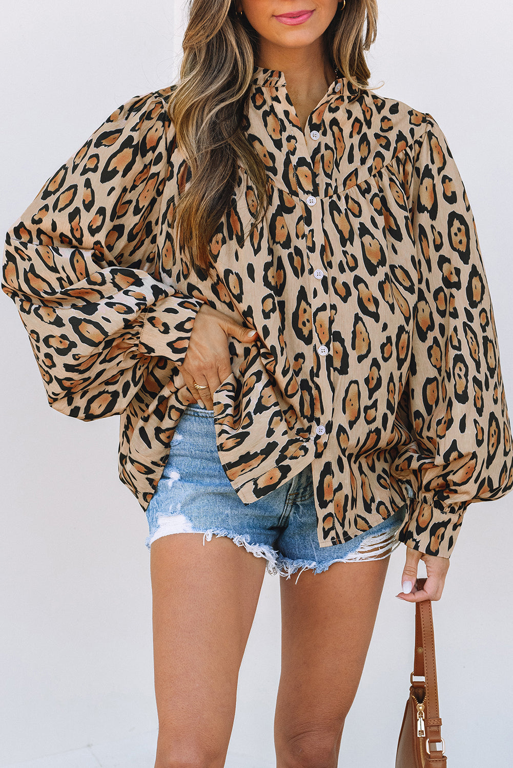 Blue Zone Planet | Jet Stream Oversized Leopard Print Balloon Sleeve Casual Shirt-Tops/Blouses & Shirts-[Adult]-[Female]-2022 Online Blue Zone Planet