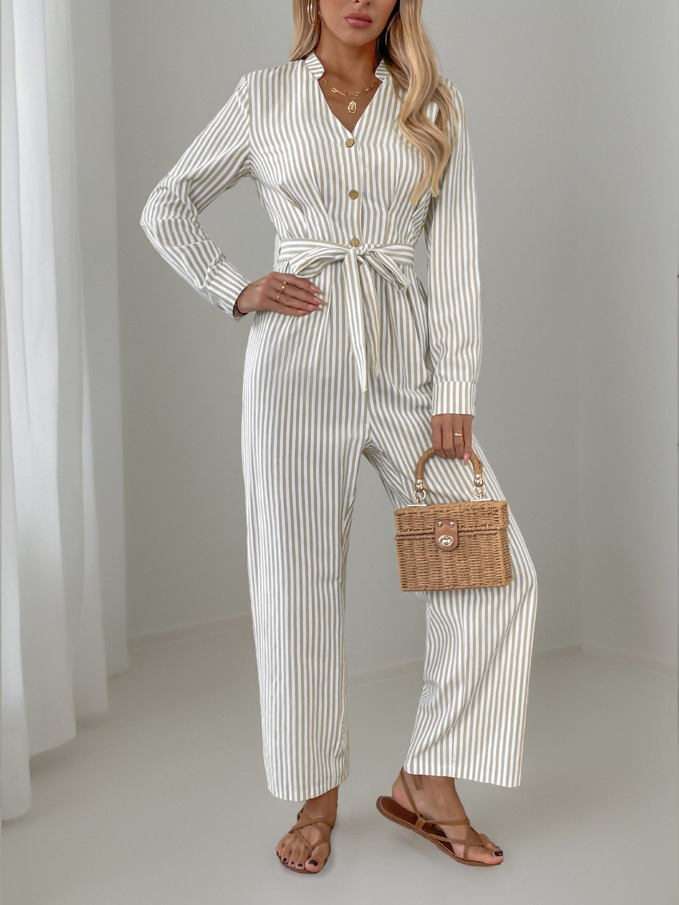 Striped Notched Long Sleeve Tie Waist Jumpsuit-TOPS / DRESSES-[Adult]-[Female]-2022 Online Blue Zone Planet