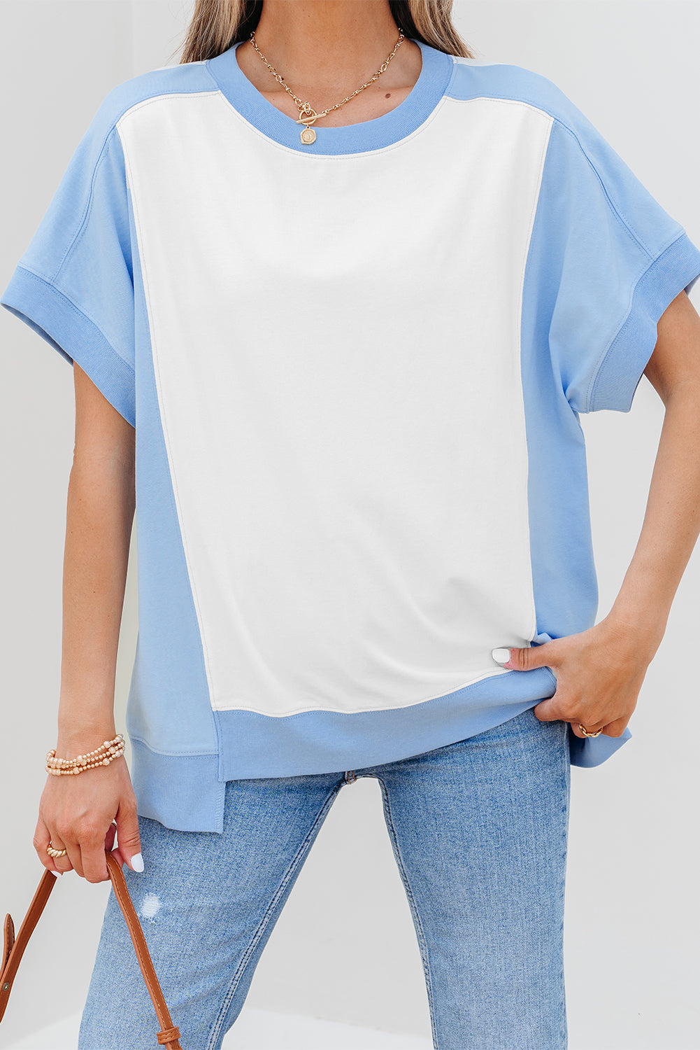 Sky Blue Color Block Exposed Seam Crew Neck T Shirt-Tops/Tops & Tees-[Adult]-[Female]-2022 Online Blue Zone Planet
