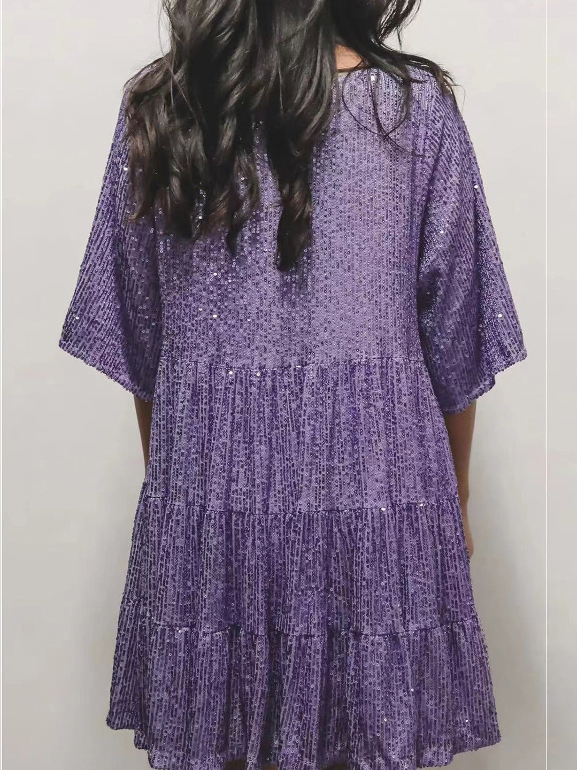 Full Size Sequin Round Neck Half Sleeve Mini Dress-TOPS / DRESSES-[Adult]-[Female]-Purple-S-2022 Online Blue Zone Planet