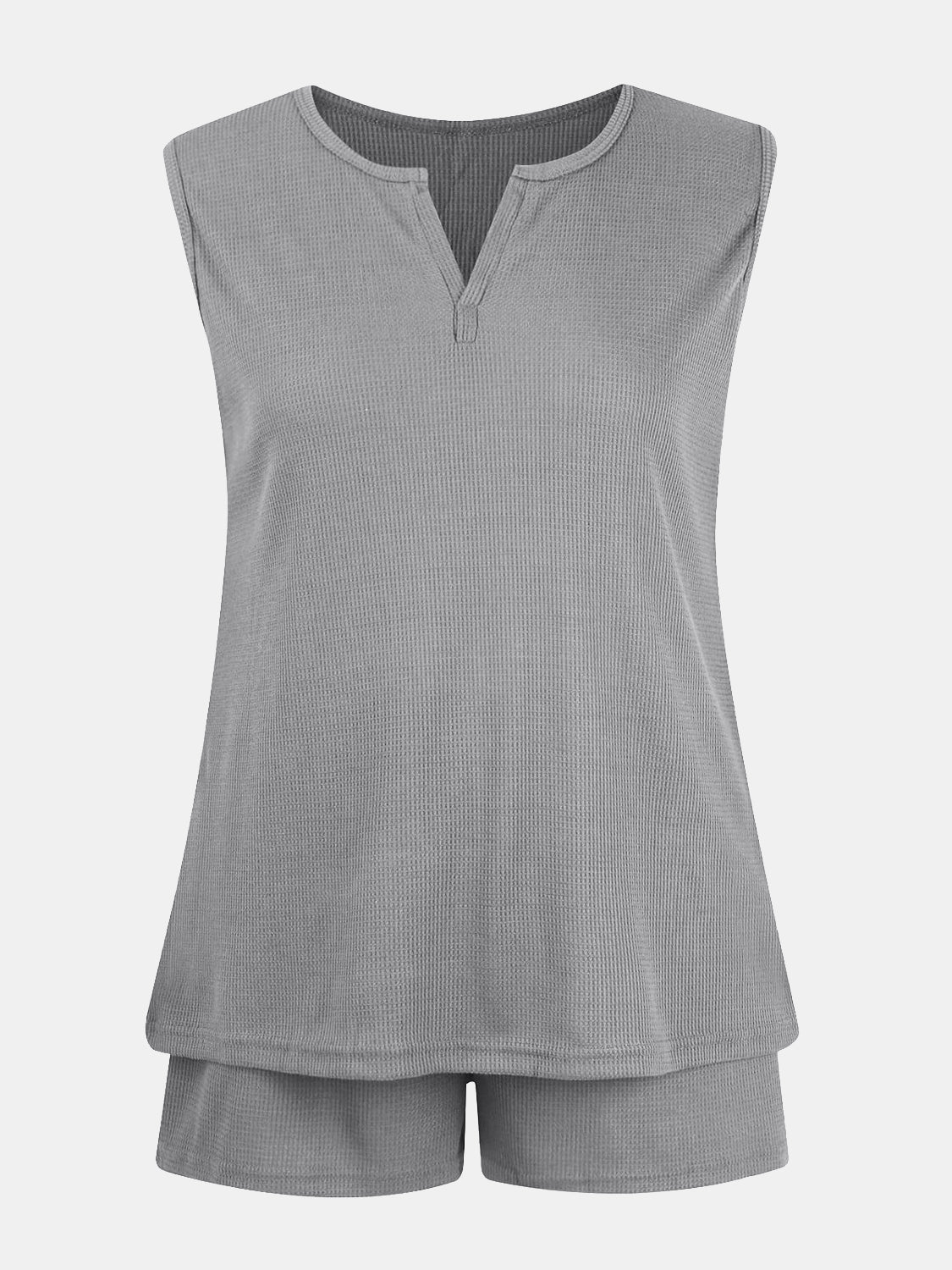 Full Size Waffle-Knit Notched Top and Shorts Set-TOPS / DRESSES-[Adult]-[Female]-Gray-S-2022 Online Blue Zone Planet