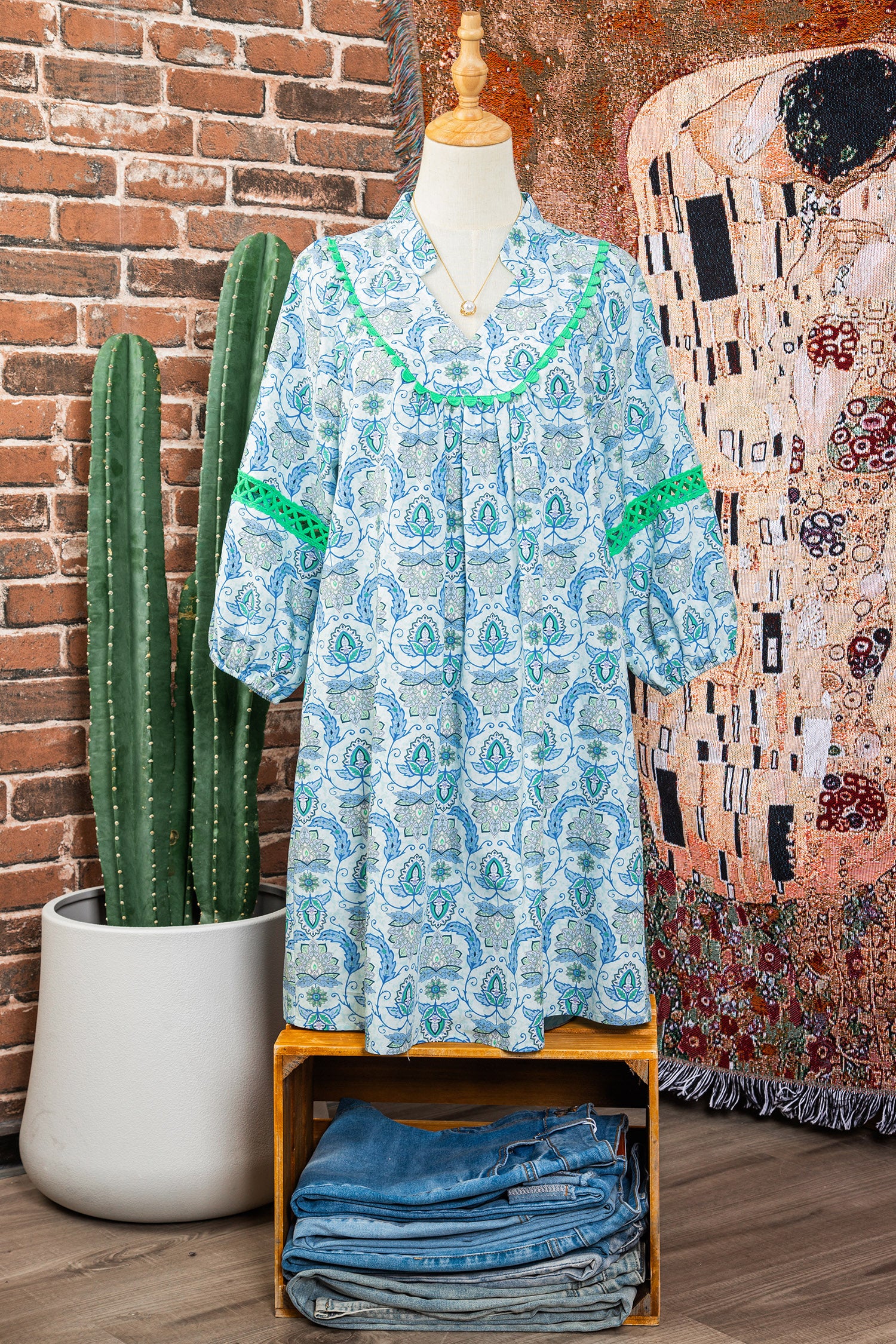 Sky Blue Boho Paisley Print Contrasted Patchwork Detail Bracelet Sleeve Loose Mini Dress-Bracelet-[Adult]-[Female]-2022 Online Blue Zone Planet