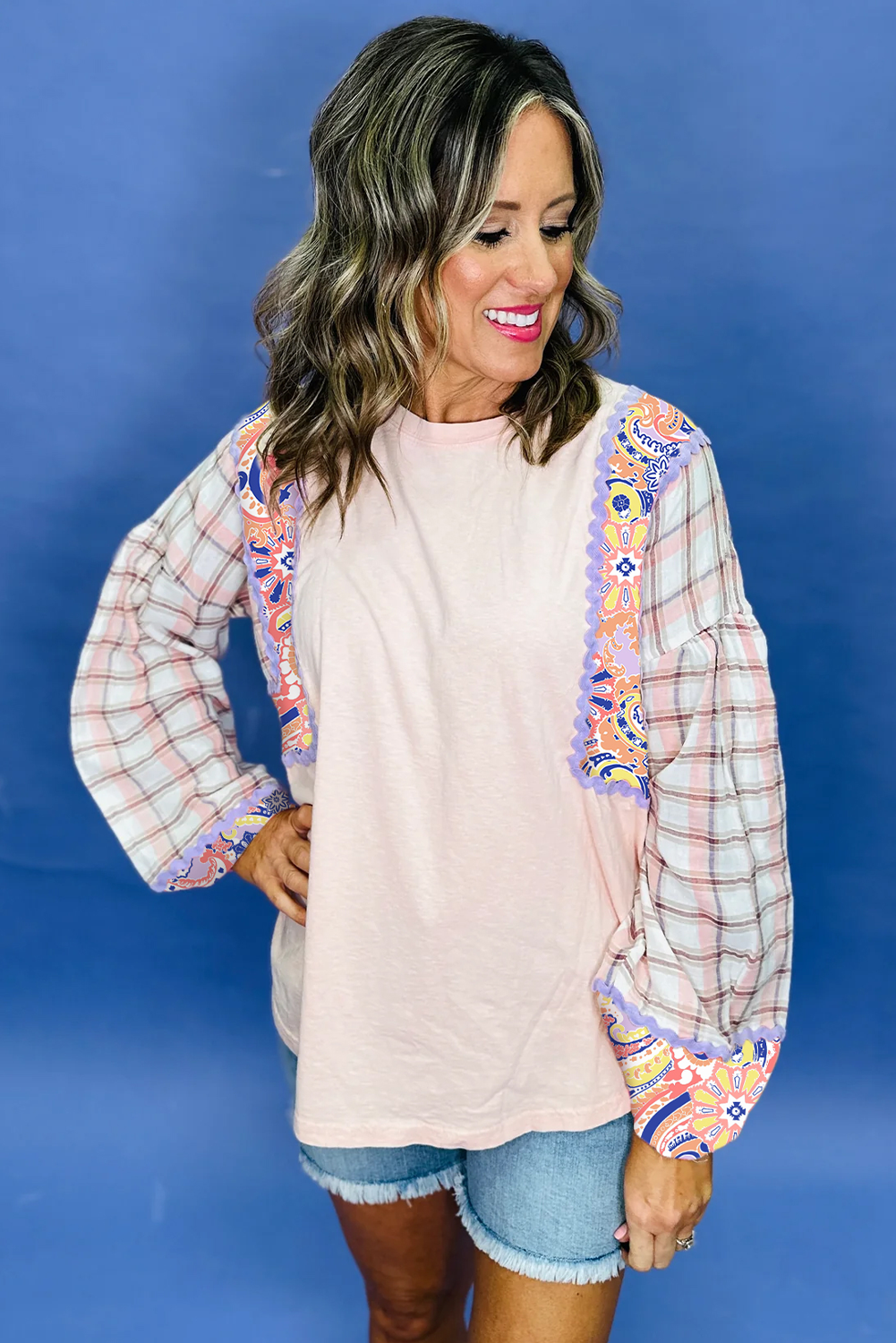 Delicacy Ricrac Trim Floral Plaid Patchwork Puff Sleeve Blouse-Tops/Blouses & Shirts-[Adult]-[Female]-2022 Online Blue Zone Planet