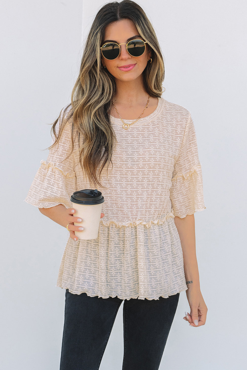 Beige Solid Color Textured Ruffled Short Sleeve Blouse-Tops/Blouses & Shirts-[Adult]-[Female]-2022 Online Blue Zone Planet