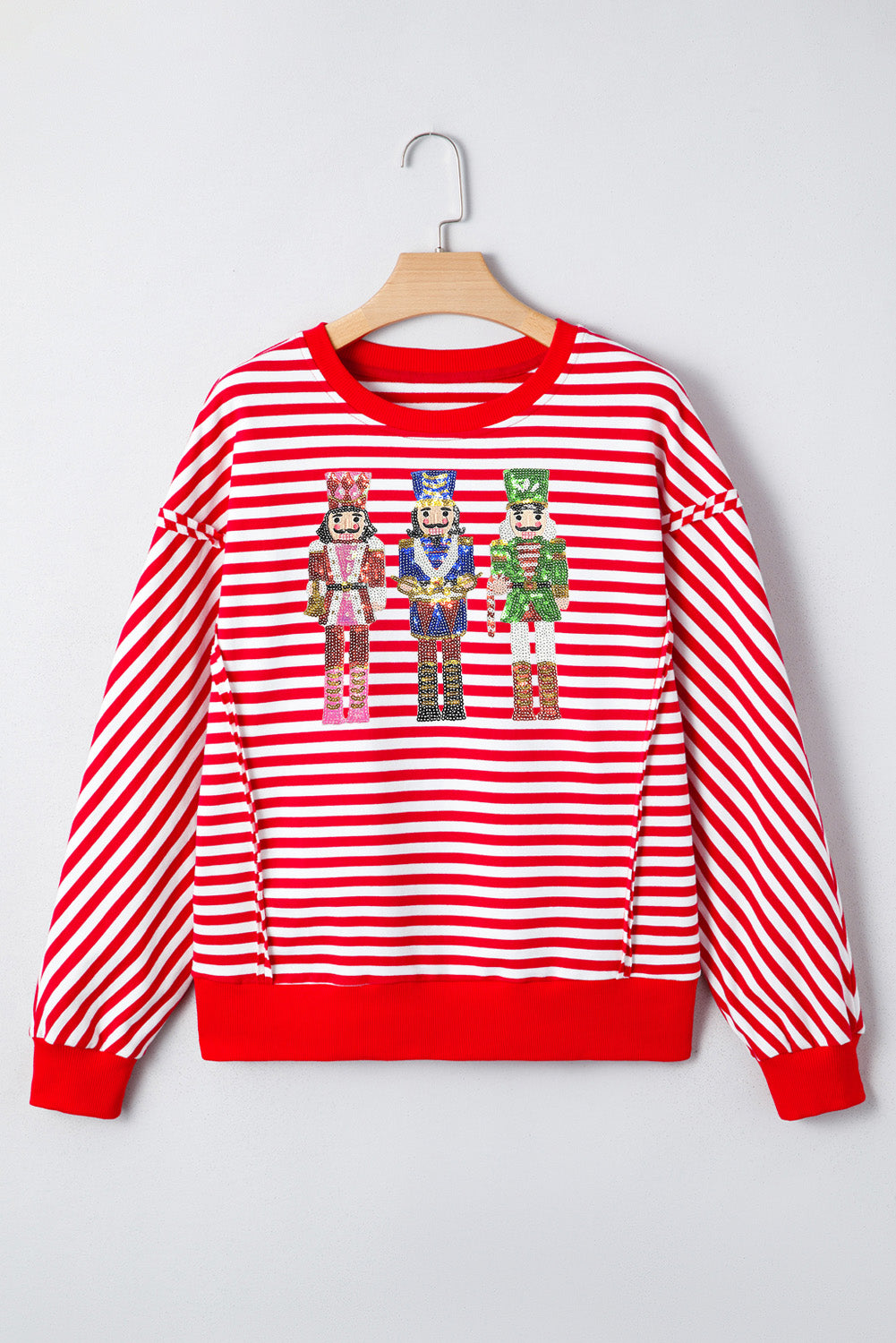 Red Stripe Christmas Nutcracker Sequin Patched Drop Shoulder Top-Graphic/Graphic Long Sleeve Tees-[Adult]-[Female]-2022 Online Blue Zone Planet