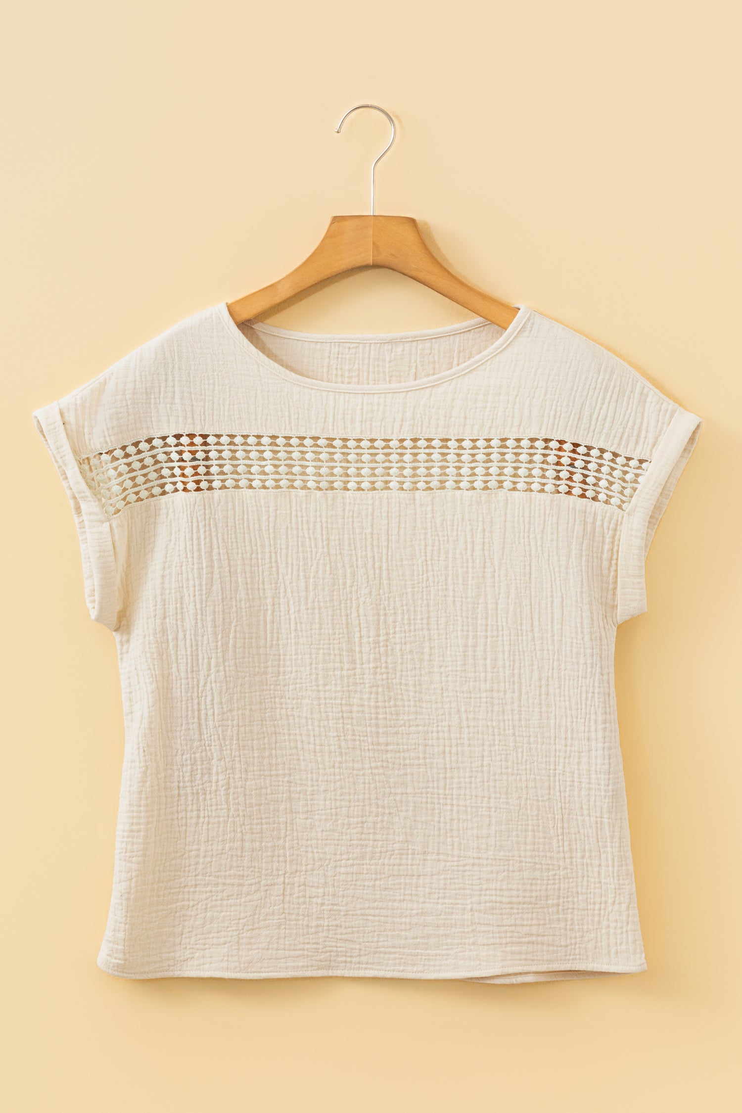 Beige Crochet Insert Textured Cotton Short Sleeve Blouse Top-Tops/Blouses & Shirts-[Adult]-[Female]-2022 Online Blue Zone Planet