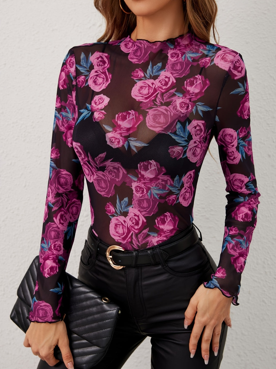 Floral Mock Neck Long Sleeve Top-TOPS / DRESSES-[Adult]-[Female]-2022 Online Blue Zone Planet