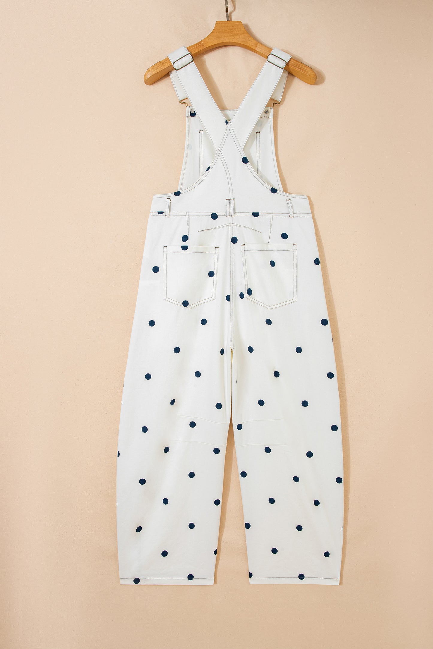 Jet Stream Polka Dot Print Bib Pocket Denim Barrel Overalls Jumpsuit-Bottoms/Jumpsuits & Rompers-[Adult]-[Female]-2022 Online Blue Zone Planet