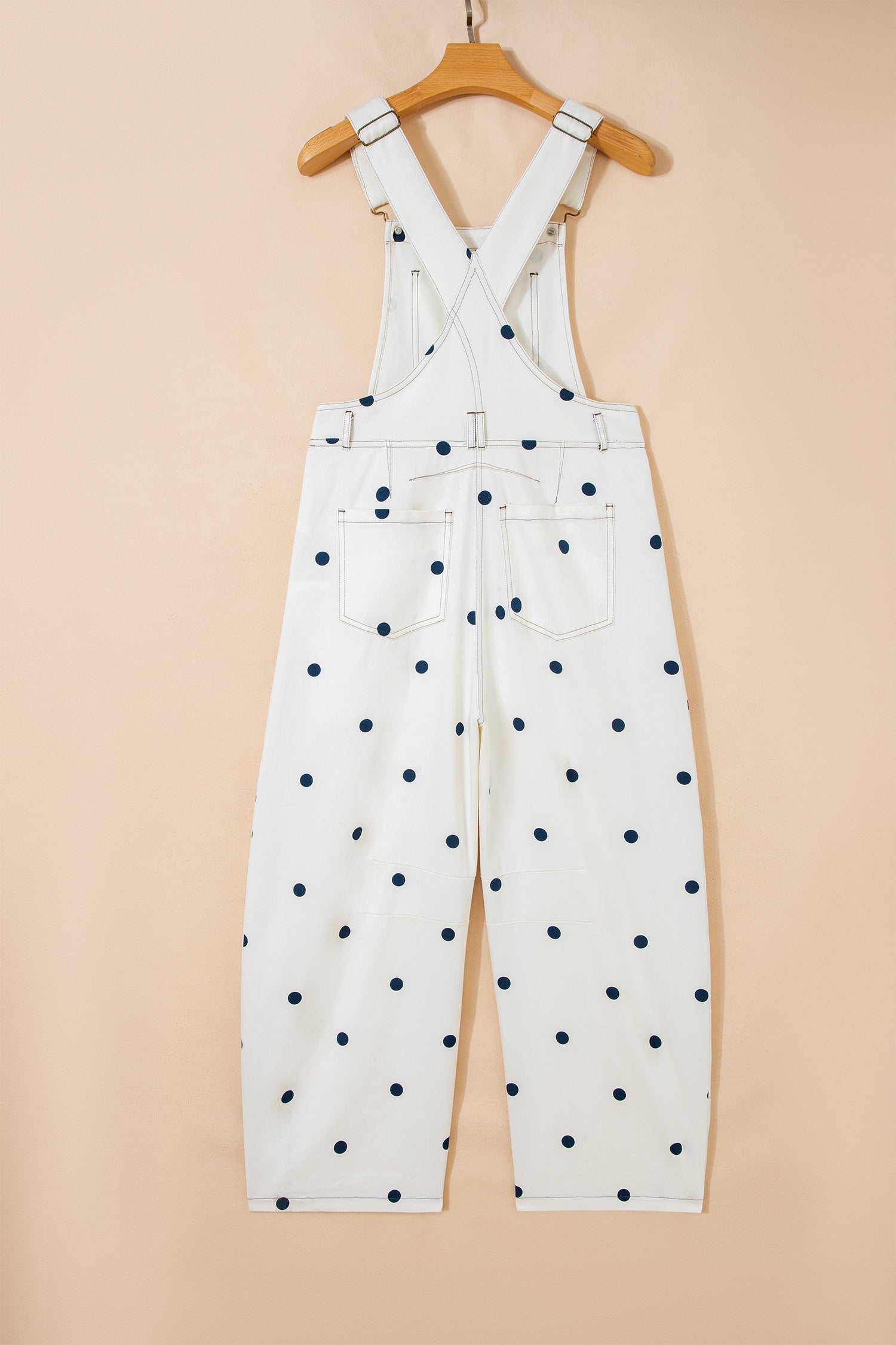 Jet Stream Polka Dot Print Bib Pocket Denim Barrel Overalls Jumpsuit-Bottoms/Jumpsuits & Rompers-[Adult]-[Female]-2022 Online Blue Zone Planet
