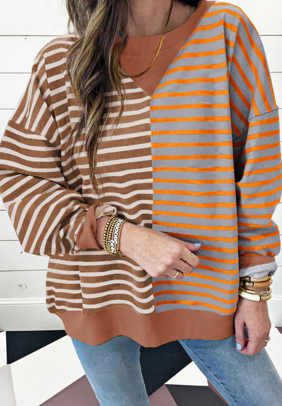 Contrast Striped Round Neck Long Sleeve Sweatshirt-TOPS / DRESSES-[Adult]-[Female]-Brown-S-2022 Online Blue Zone Planet