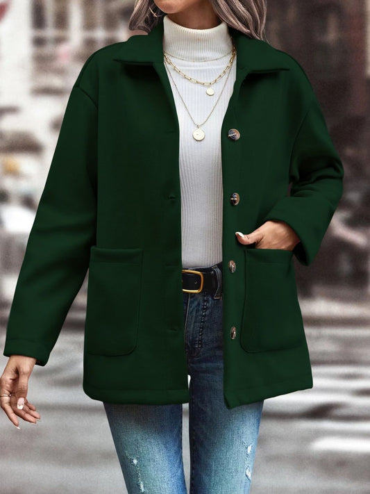 Pocketed Collared Neck Button Up Jacket-TOPS / DRESSES-[Adult]-[Female]-Black Forest-S-2022 Online Blue Zone Planet