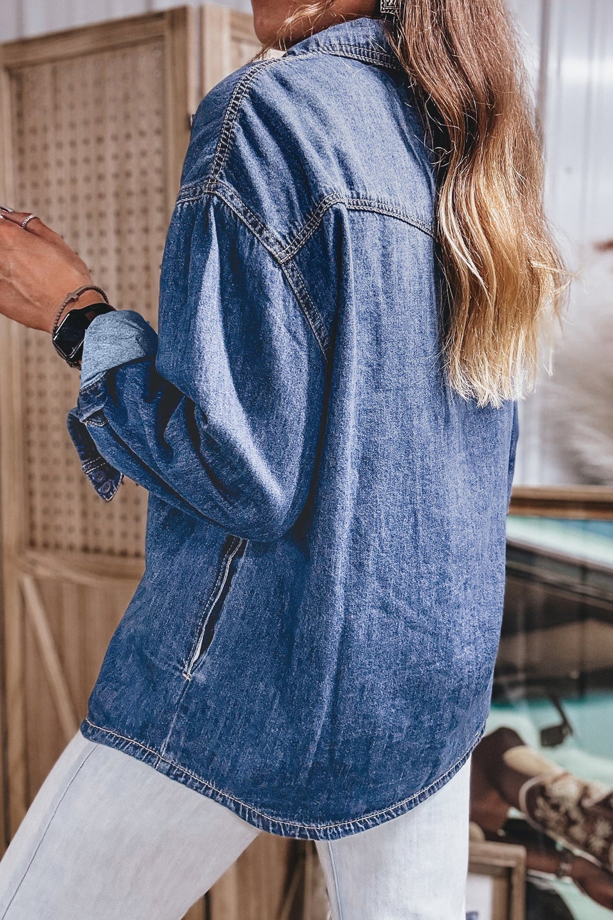 Sail Blue Western Patch Pockets Tunic Length Long Sleeve Denim Shirt-Tops/Blouses & Shirts-[Adult]-[Female]-2022 Online Blue Zone Planet