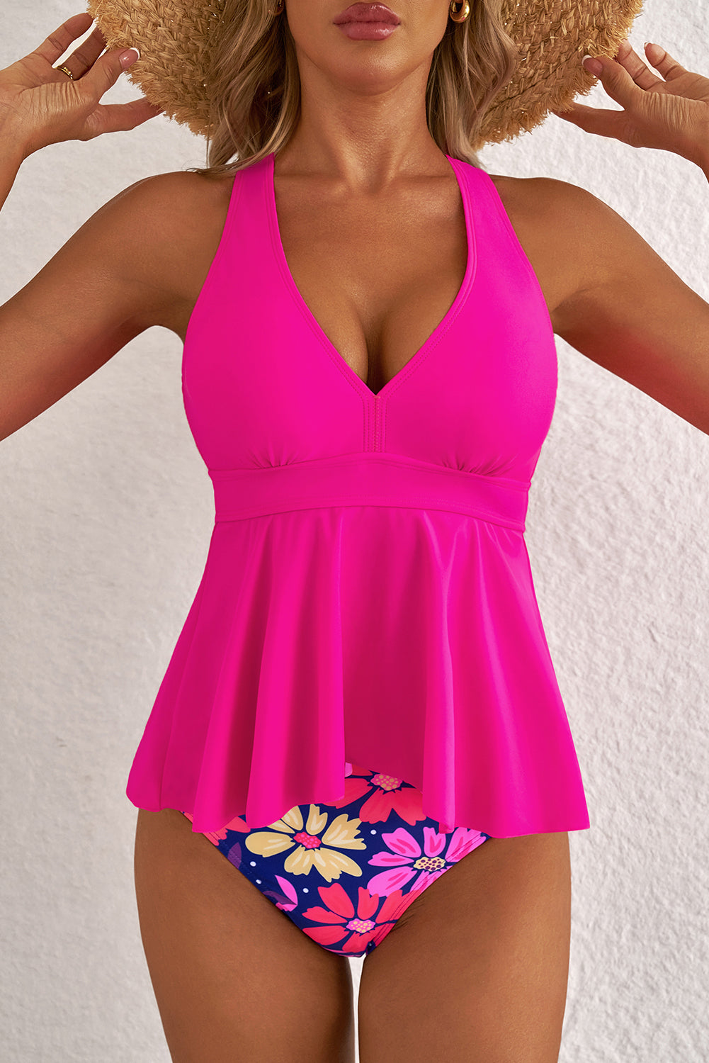 Rose V Neck Ruffled Hem Floral Bottom Tankini Set-Swimwear/Tankinis-[Adult]-[Female]-2022 Online Blue Zone Planet