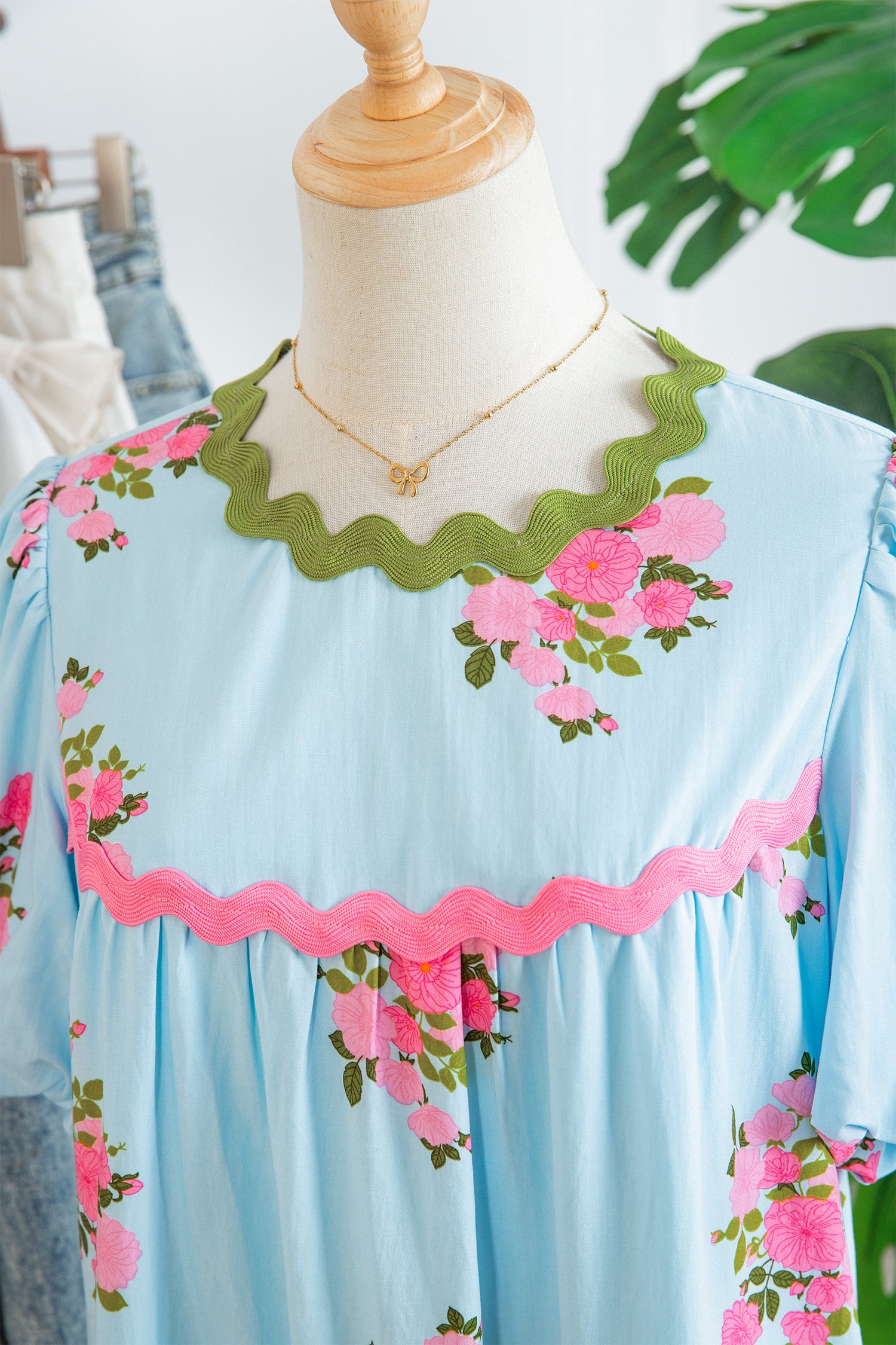 Sky Blue Floral Printed Contrast Ricrac Detail Bubble Sleeve Dress-TOPS / DRESSES-[Adult]-[Female]-2022 Online Blue Zone Planet