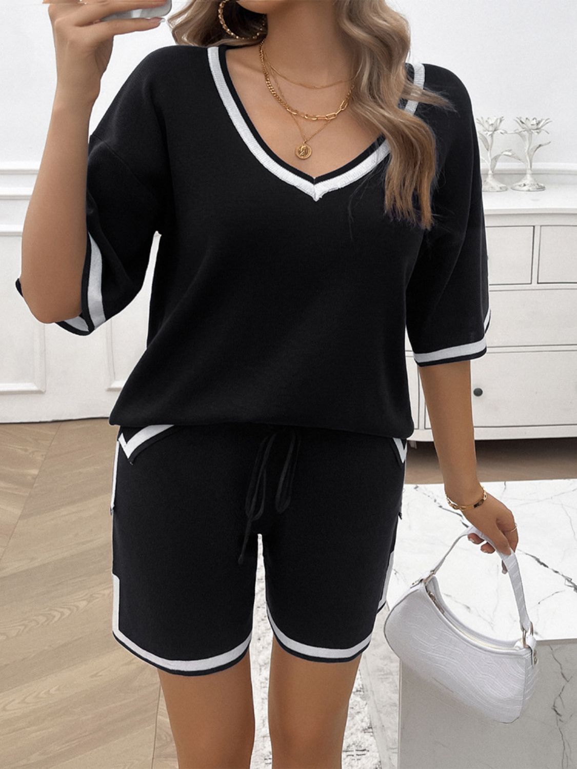 Blue Zone Planet | Devine Contrast Trim V-Neck Top and Shorts Set-TOPS / DRESSES-[Adult]-[Female]-Black-S-2022 Online Blue Zone Planet