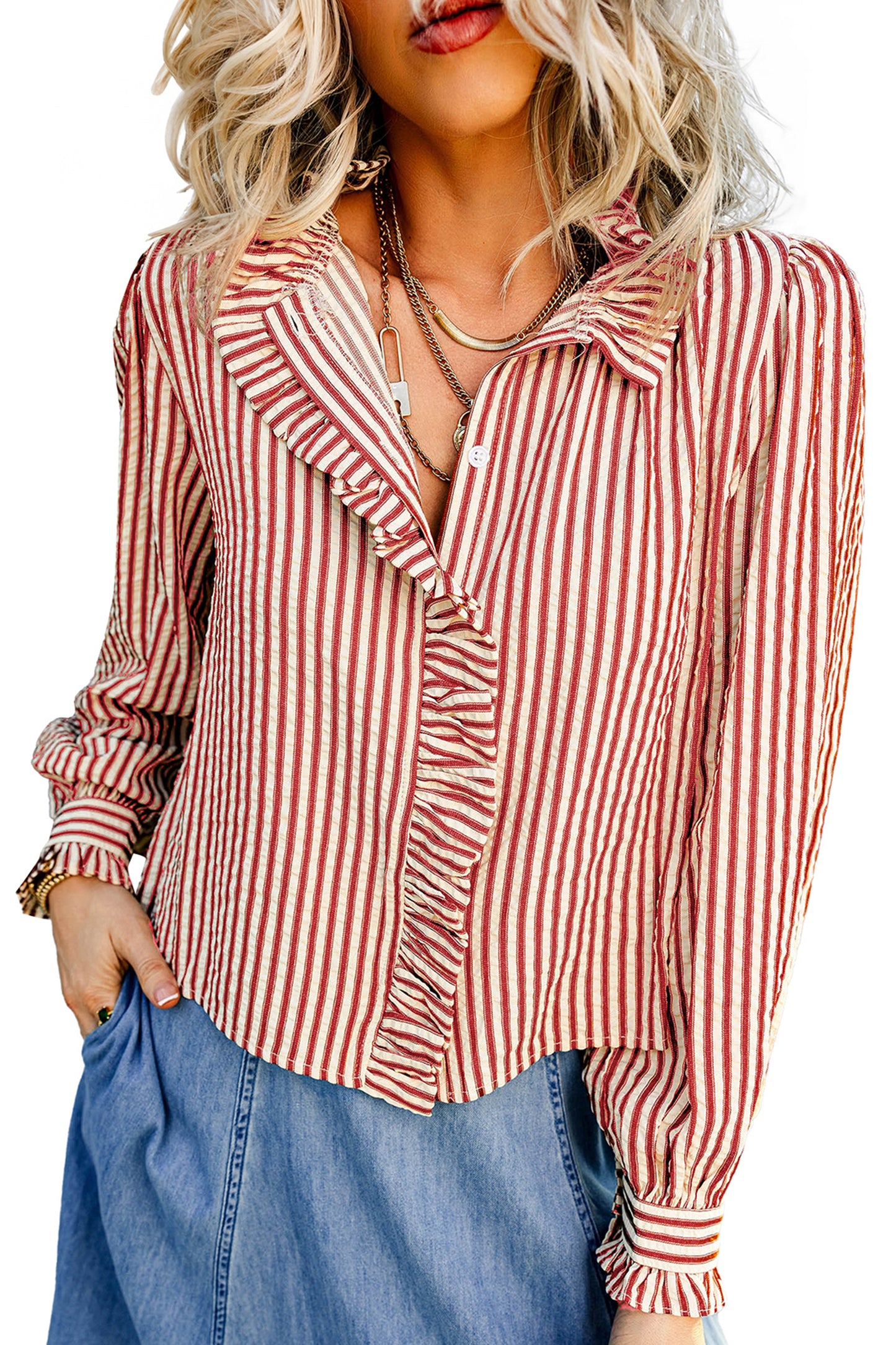Red Stripe Textured Ruffle Trim Button-Up Long Sleeve Shirt-Tops/Blouses & Shirts-[Adult]-[Female]-2022 Online Blue Zone Planet