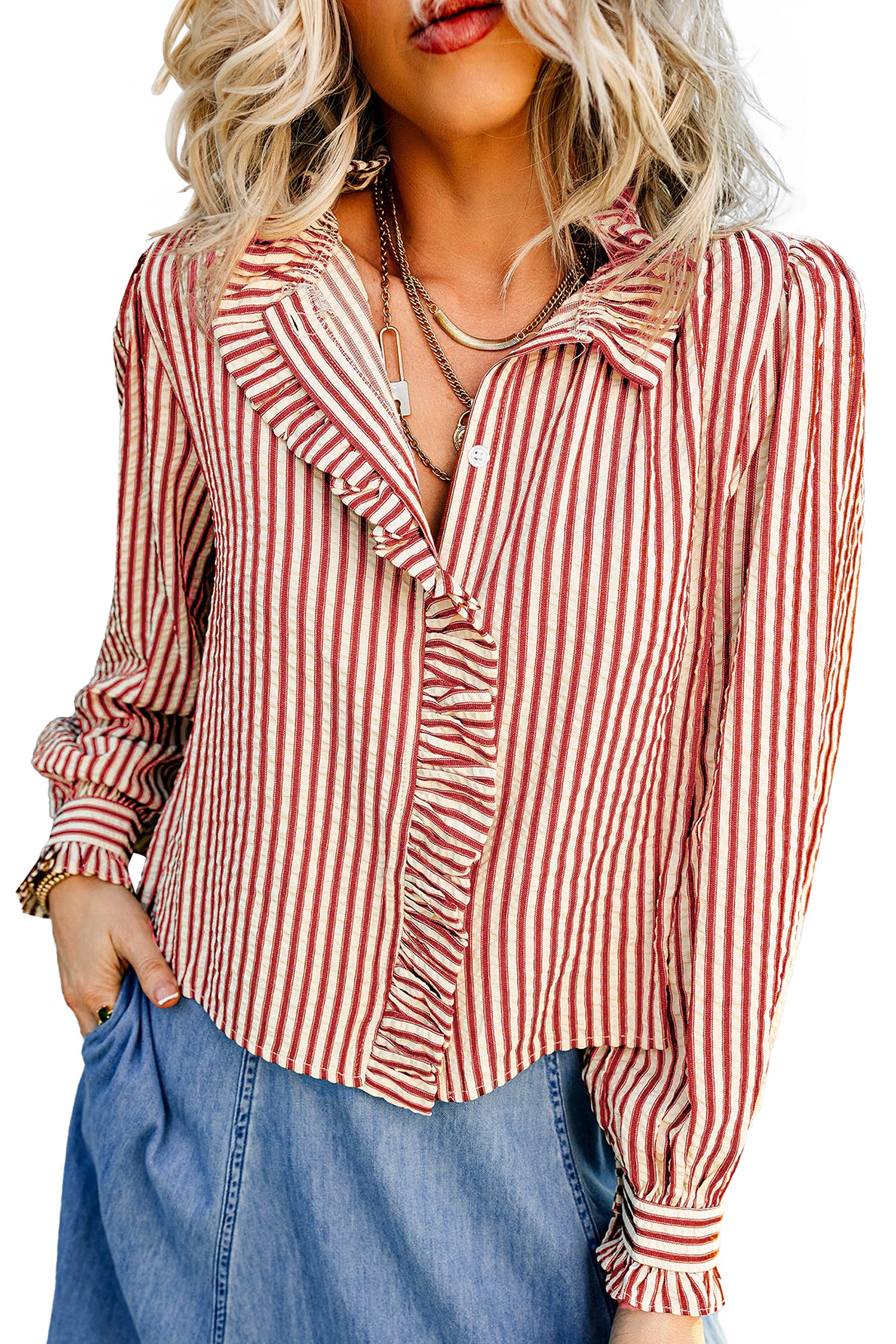 Red Stripe Textured Ruffle Trim Button-Up Long Sleeve Shirt-Tops/Blouses & Shirts-[Adult]-[Female]-2022 Online Blue Zone Planet