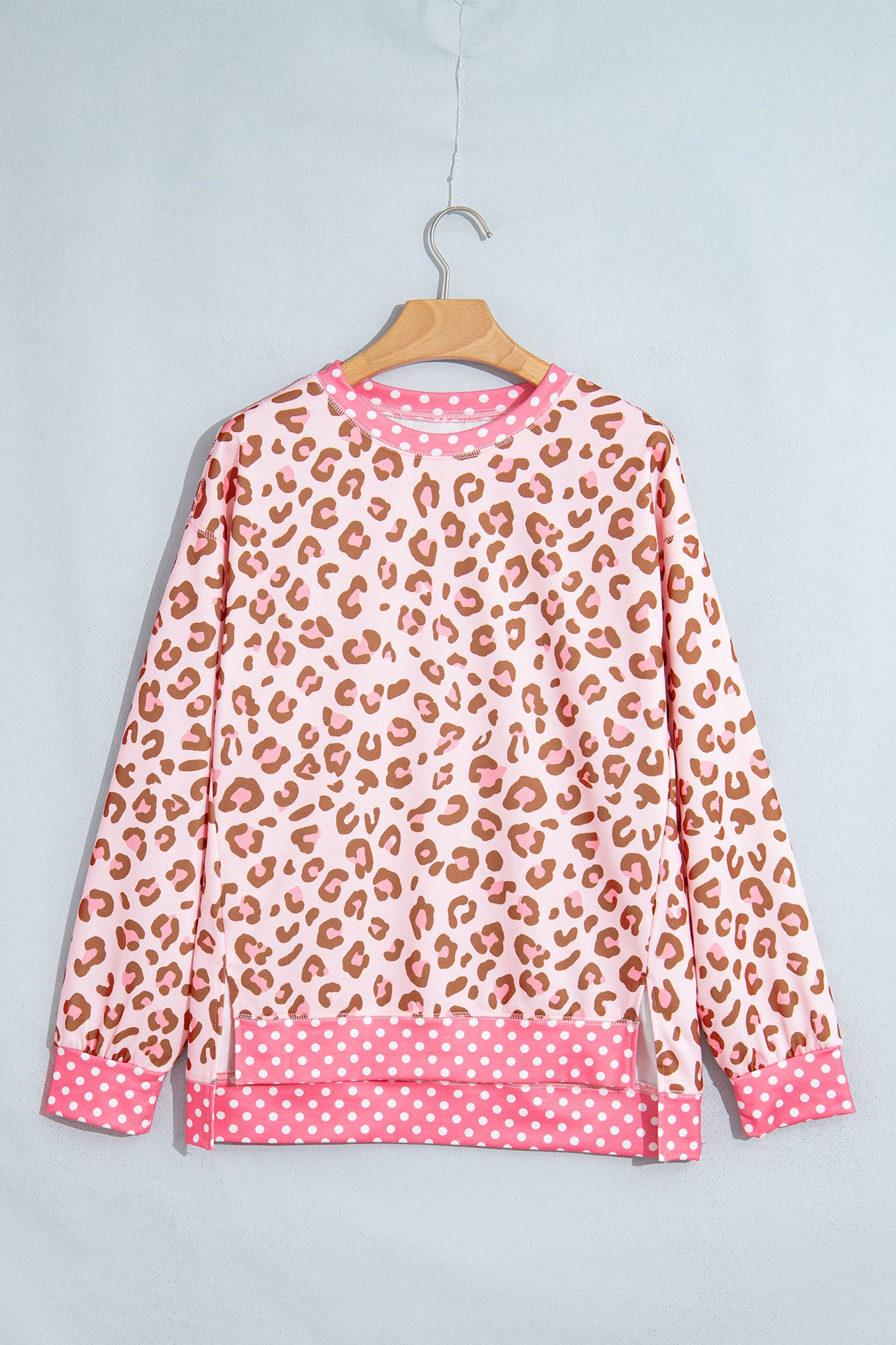 Pink Leopard Polka Dot Colorblock Trim Long Sleeve Top-Tops/Long Sleeve Tops-[Adult]-[Female]-2022 Online Blue Zone Planet