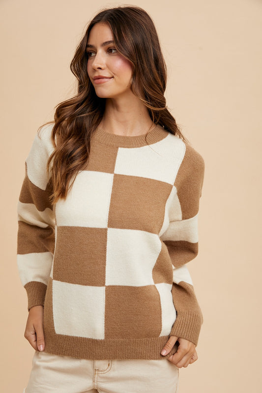 Annie Wear Checkered Round Neck Dropped Shoulder Sweater-TOPS / DRESSES-[Adult]-[Female]-Mocha-S-2022 Online Blue Zone Planet