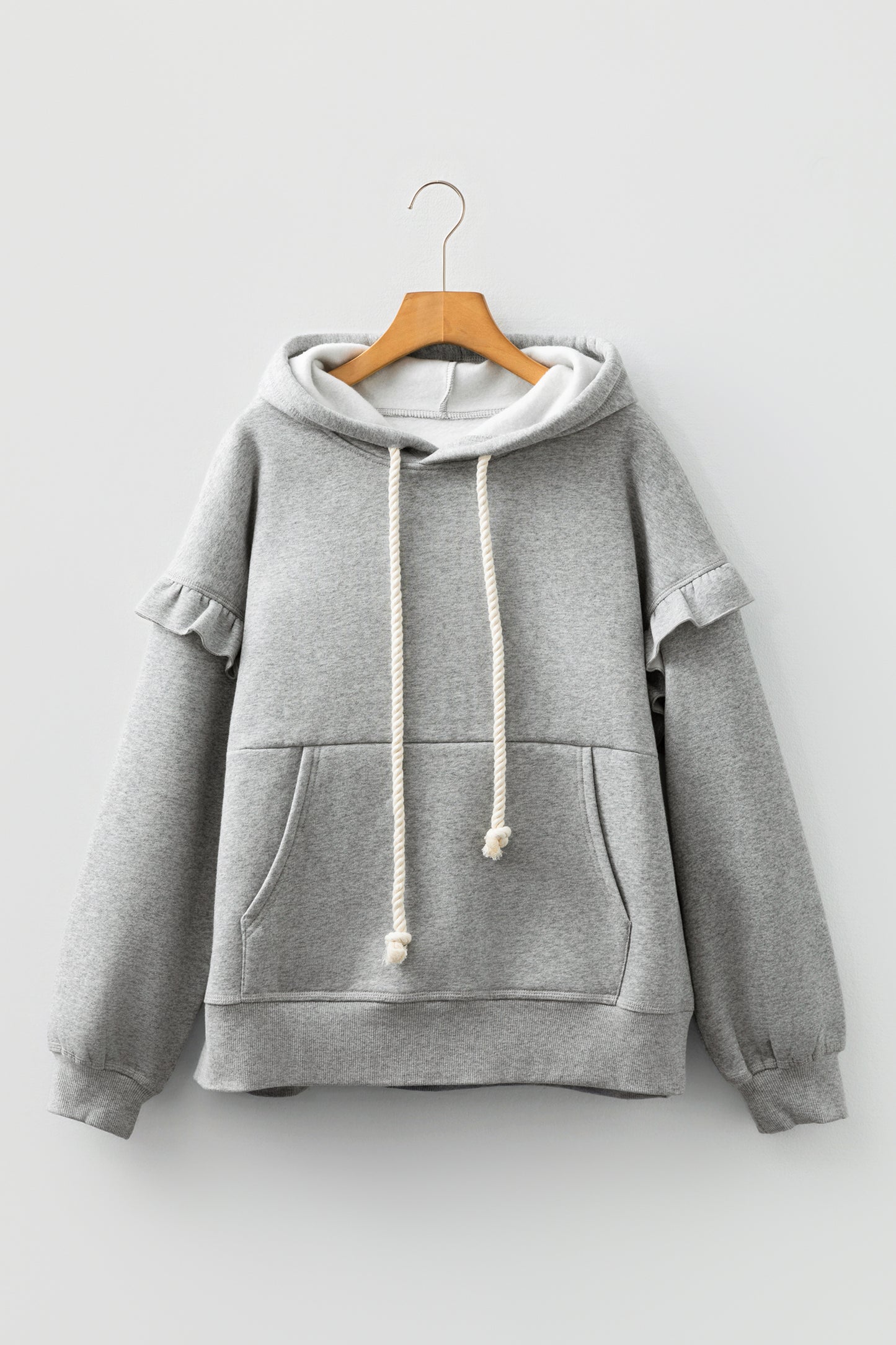 Gray Contrast Rope Drawstring Ruffle Trim Drop Shoulder Baggy Hoodie-Tops / Dresses-[Adult]-[Female]-2022 Online Blue Zone Planet