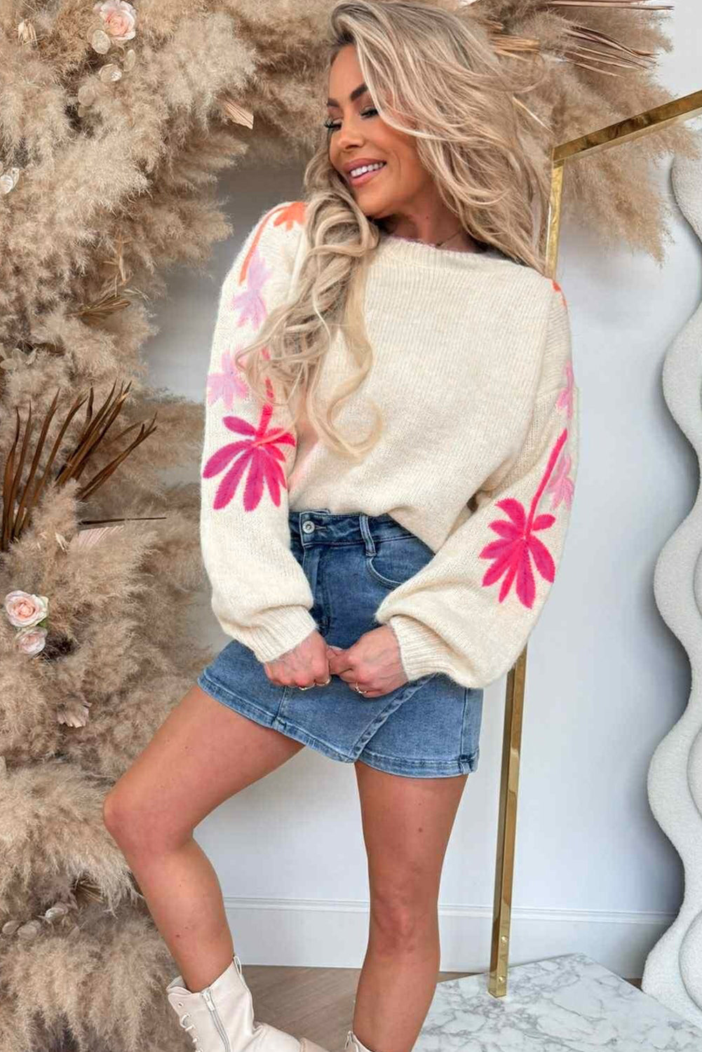 Beige Embroidered Floral Sleeve Round Neck Loose Sweater