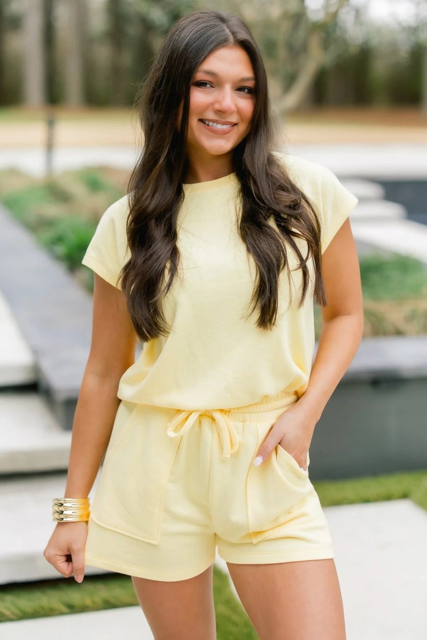 Yellow Cream Solid Color Tee Drawstring Shorts Comfy 2pcs Set-Two Piece Sets/Short Sets-[Adult]-[Female]-2022 Online Blue Zone Planet