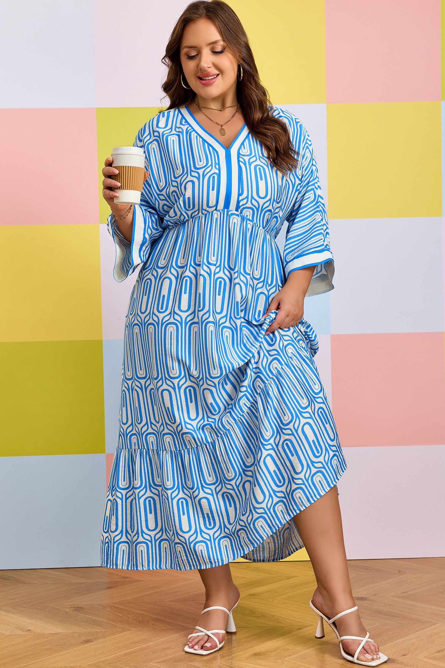 Sky Blue Plus Size Geometric Print Contrast Trim V Neck Bracelet Sleeve Long Dress-Bracelet-[Adult]-[Female]-2022 Online Blue Zone Planet