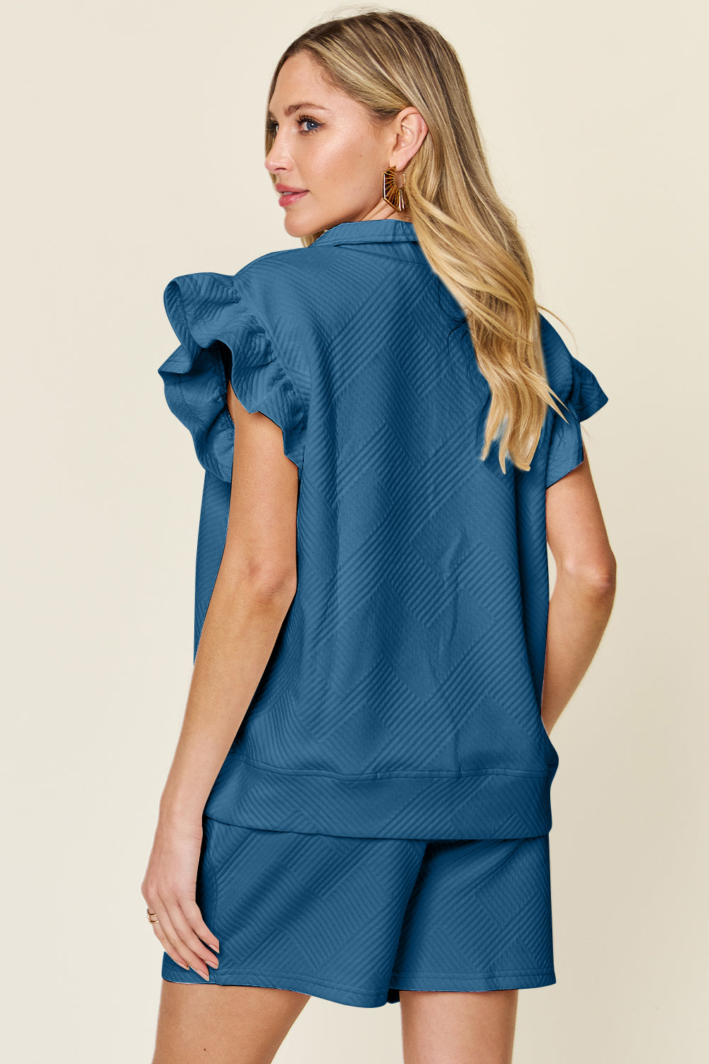 Blue Zone Planet | Double Take Full Size Texture Flounce Sleeve Top and Drawstring Shorts Set-TOPS / DRESSES-[Adult]-[Female]-2022 Online Blue Zone Planet