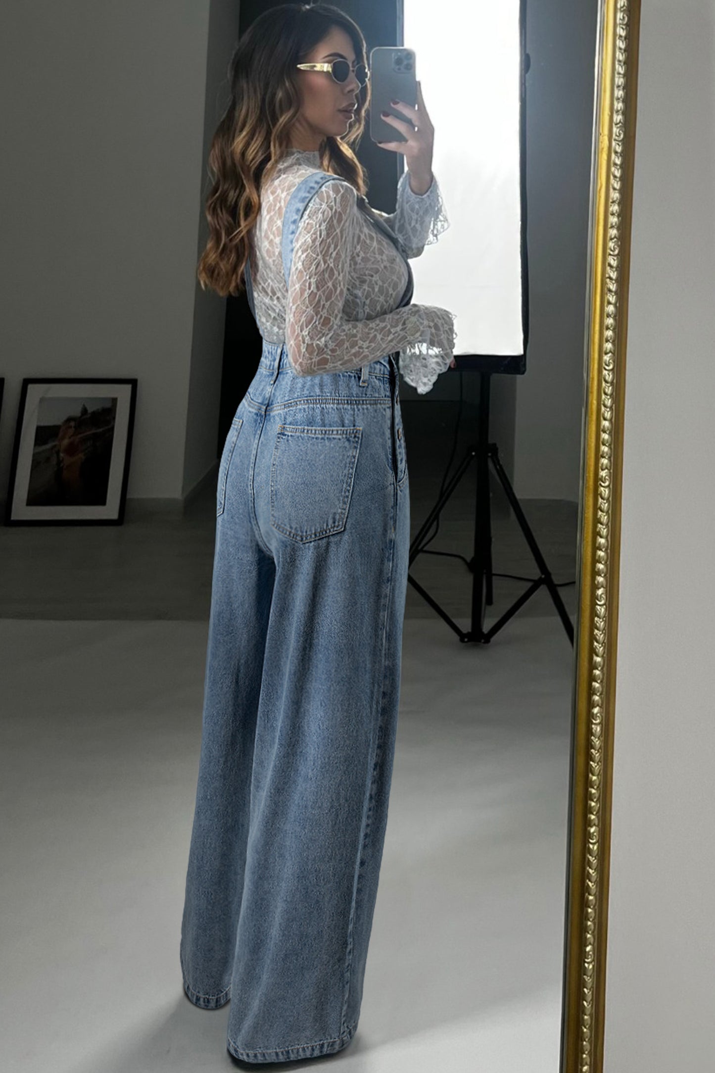 Dusk Blue Pleated Wide Leg Retro Pocketed Denim Jumpsuit-Bottoms/Jumpsuits & Rompers-[Adult]-[Female]-2022 Online Blue Zone Planet