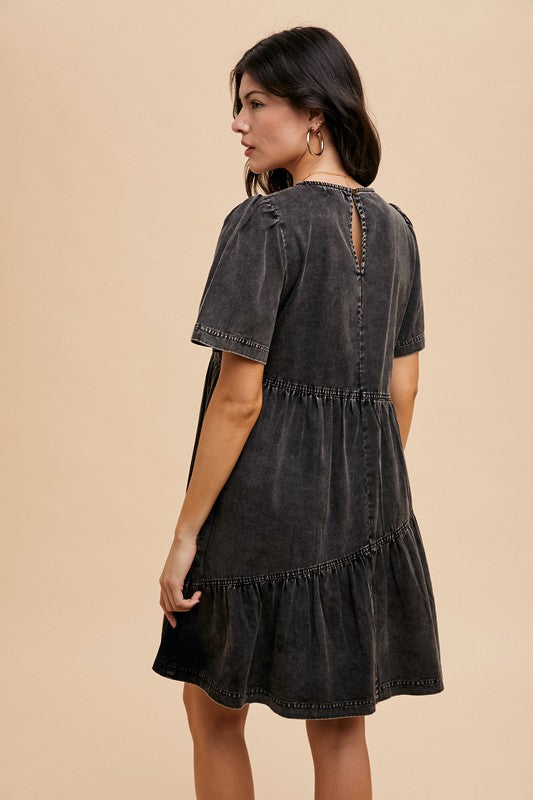 Annie Wear Mineral Washed Round Neck Short Sleeve Denim Dress-TOPS / DRESSES-[Adult]-[Female]-2022 Online Blue Zone Planet