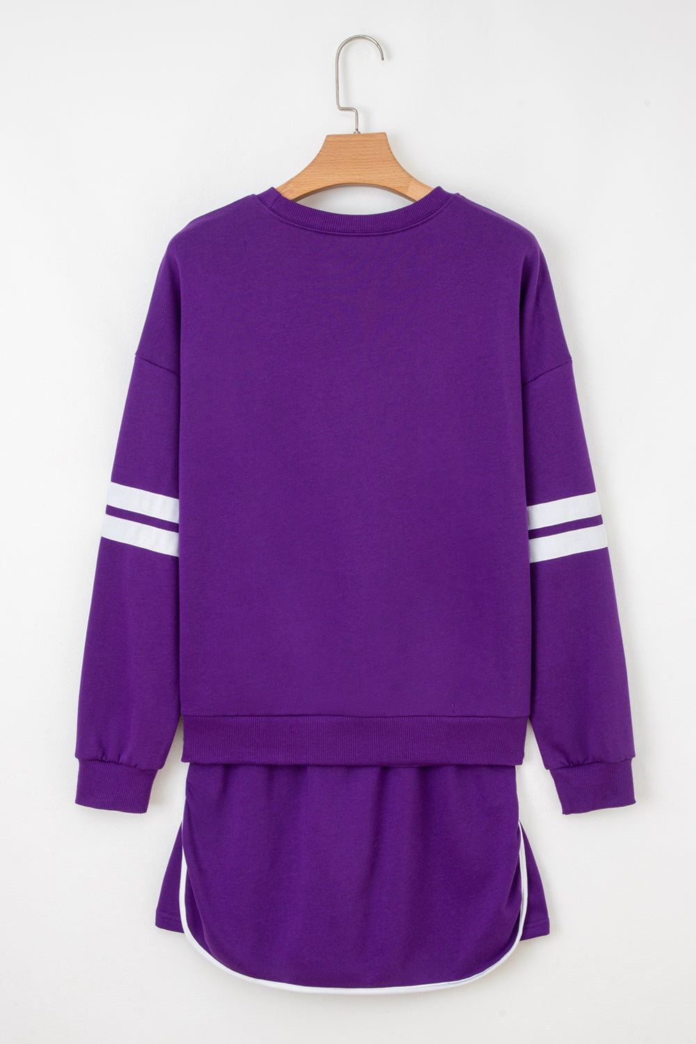 Tillandsia Purple Varsity Stripe Detail Drop Shoulder Pullover Mini Skirt Set-Two Piece Sets/Two Piece Dresses-[Adult]-[Female]-2022 Online Blue Zone Planet