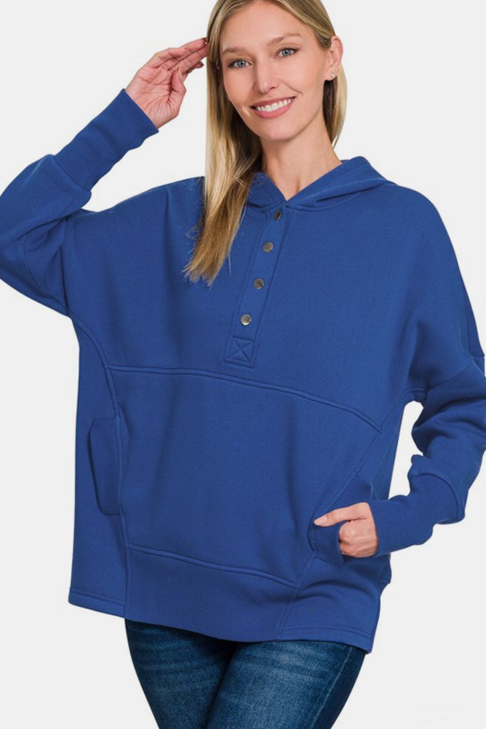 Blue Zone Planet | Zenana Half Snap Long Sleeve Hoodie with Kangaroo Pocket-Tops / Dresses-[Adult]-[Female]-Navy-S/M-2022 Online Blue Zone Planet