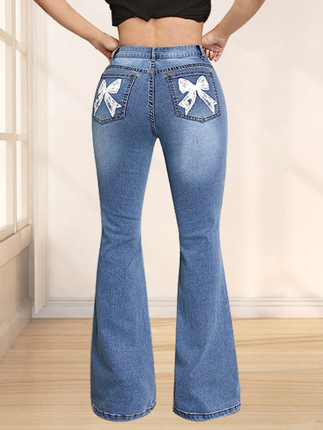 Bow Back Flare Jeans-BOTTOMS SIZES SMALL MEDIUM LARGE-[Adult]-[Female]-2022 Online Blue Zone Planet