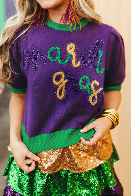 Tillandsia Purple Mardi Gras Tinsel Graphic Short Sleeve Sweater-TOPS / DRESSES-[Adult]-[Female]-2022 Online Blue Zone Planet