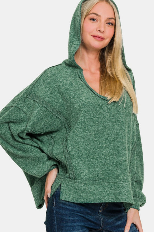 Blue Zone Planet | Zenana Brushed Hacci Exposed Seam Hoodie-TOPS / DRESSES-[Adult]-[Female]-DK Green-S/M-2022 Online Blue Zone Planet