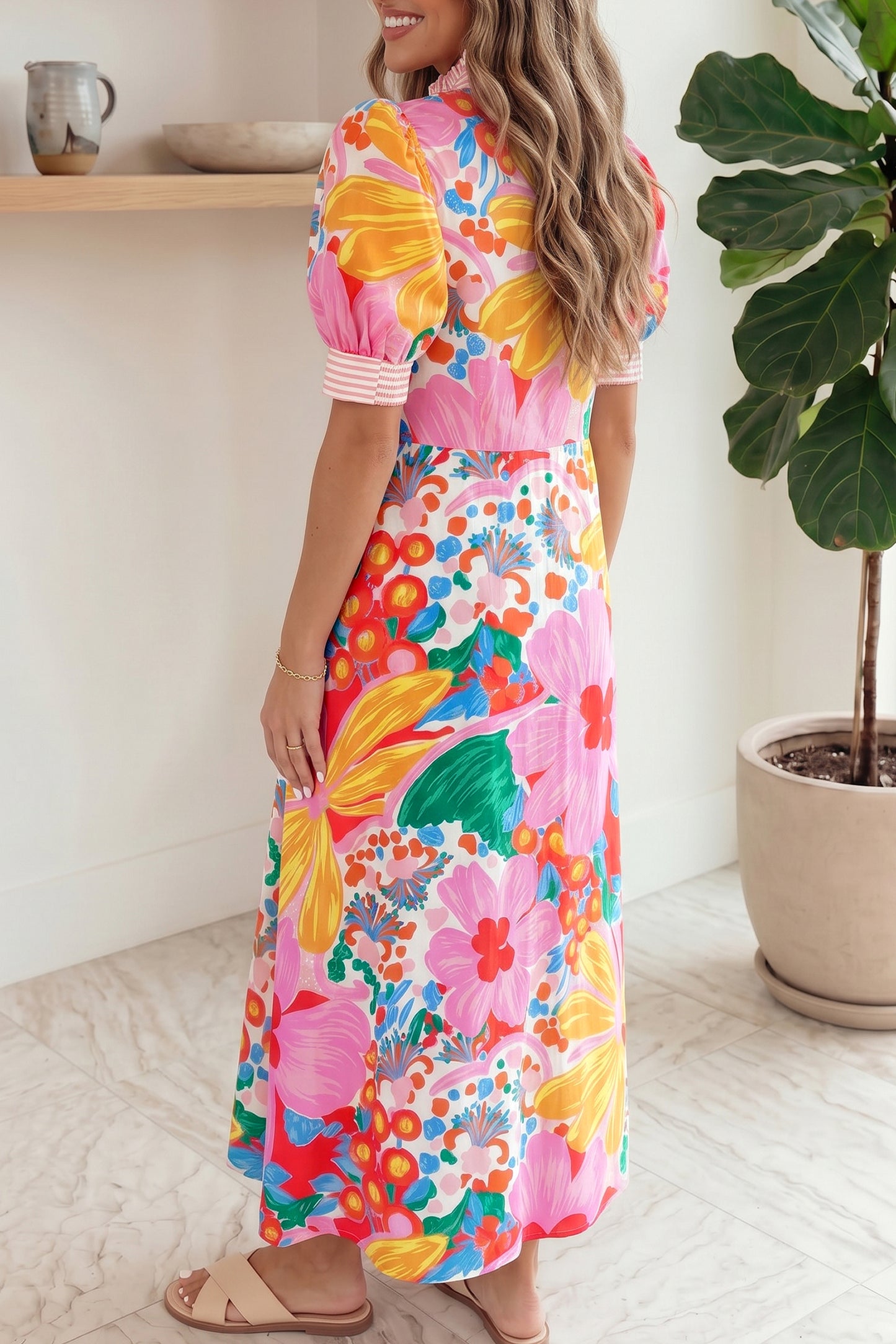 Pink Floral Print Striped Trim Button Down Short Sleeve Vacation Dress-TOPS / DRESSES-[Adult]-[Female]-2022 Online Blue Zone Planet