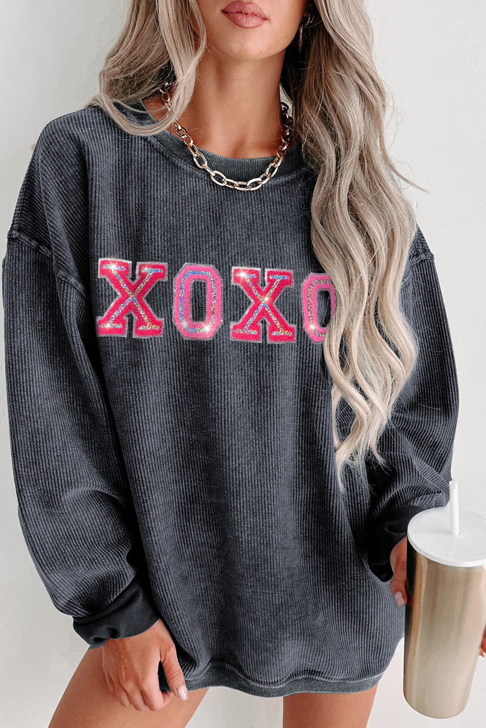 Blue Zone Planet | Gray Corded Valentine Sequin XOXO Graphic Sweatshirt-Graphic Sweatshirts-[Adult]-[Female]-Gray-S-2022 Online Blue Zone Planet