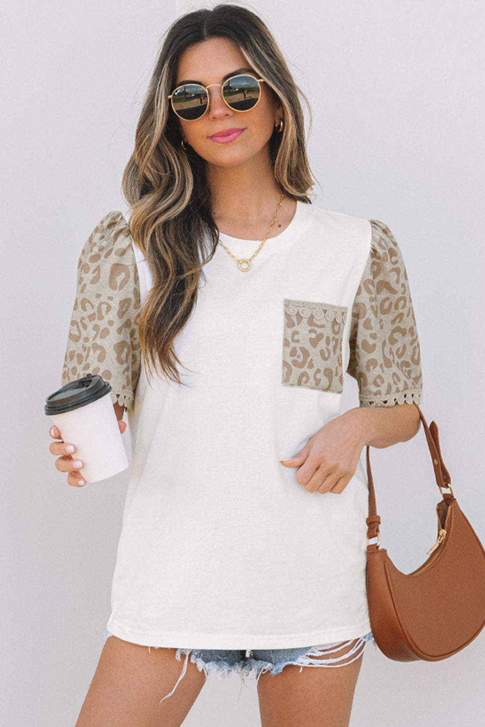 White Leopard Patchwork Crochet Lace Trim Puff Sleeve T Shirt-Tops/Tops & Tees-[Adult]-[Female]-2022 Online Blue Zone Planet