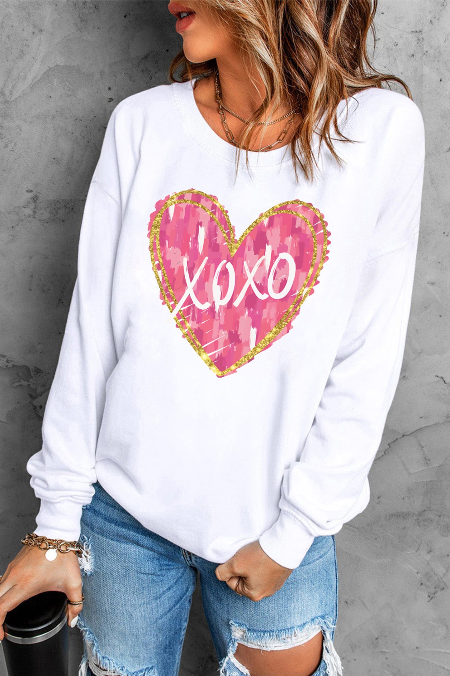 White xoxo Glitter Trim Brushstroke Heart Printed Pullover Sweatshirt-Graphic Sweatshirts-[Adult]-[Female]-2022 Online Blue Zone Planet