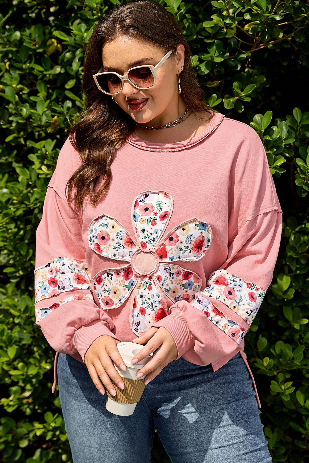 Peach Blossom Plus Size Floral Applique Drop Shoulder Sweatshirt-Plus Size/Plus Size Sweatshirts & Hoodies-[Adult]-[Female]-2022 Online Blue Zone Planet