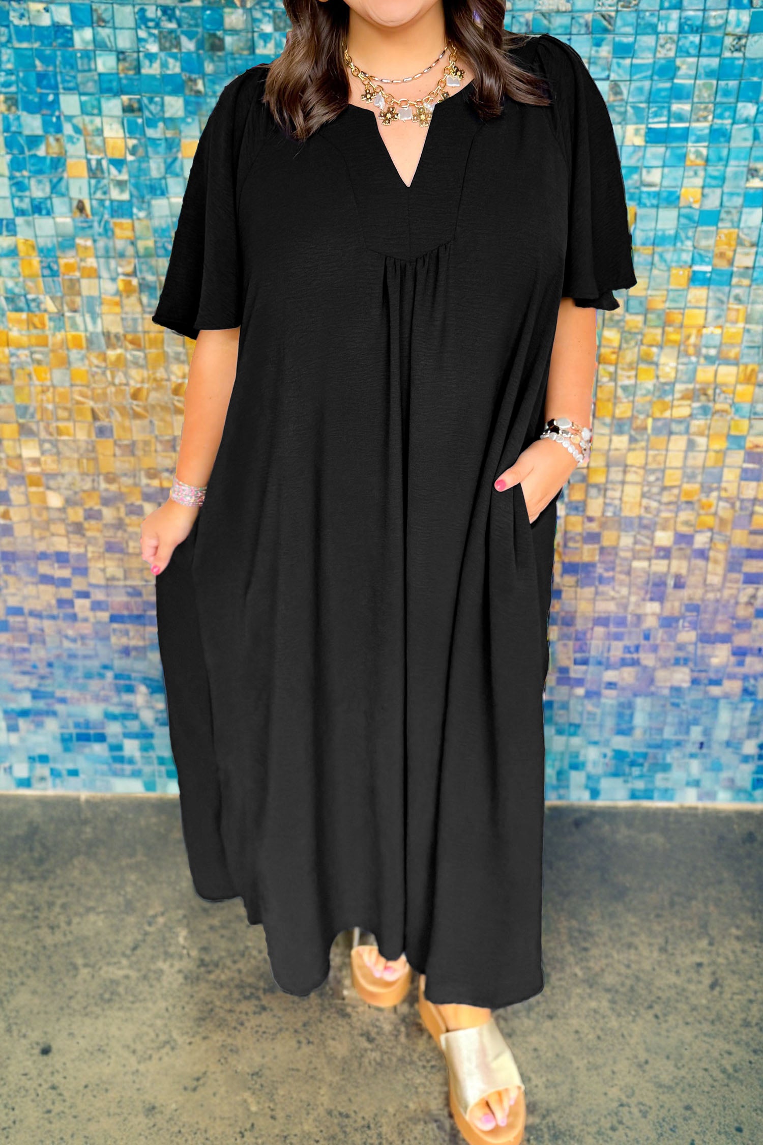 Black Plus Size Solid Color Notched Neck Short Sleeve Loose Dress-TOPS / DRESSES-[Adult]-[Female]-Black-1X-2022 Online Blue Zone Planet