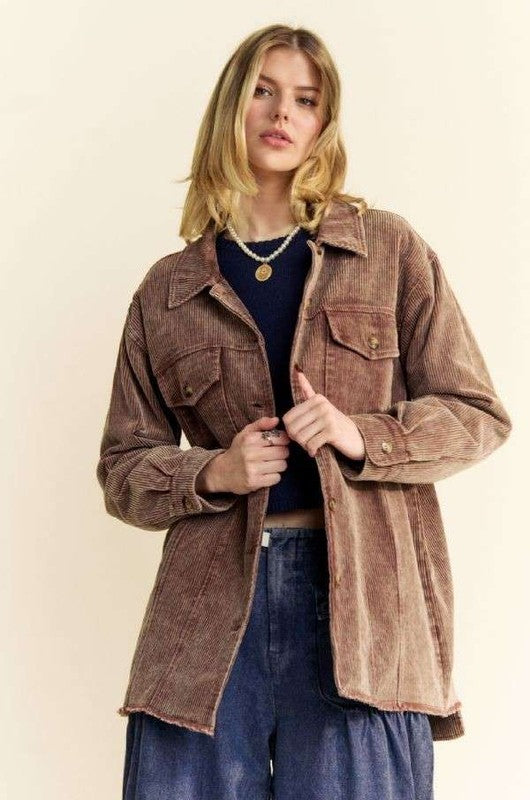 Davi & Dani Washed Corduroy Raw Hem Button Up Jacket-TOPS / DRESSES-[Adult]-[Female]-Dark Brown-S-2022 Online Blue Zone Planet