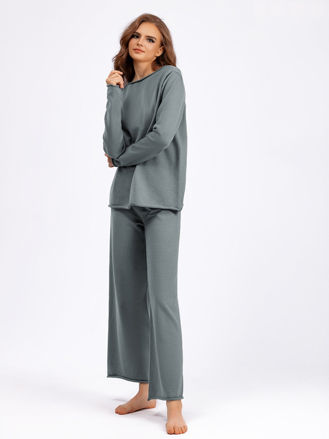 Blue Zone Planet | Basic Bae Rolled Round Neck Top and Pants Sweater Set-TOPS / DRESSES-[Adult]-[Female]-Gray-One Size-2022 Online Blue Zone Planet