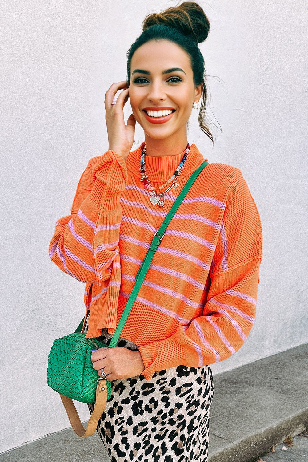 Orange Stripe Ribbed High Neck Drop Shoulder Boxy Fit Sweater-TOPS / DRESSES-[Adult]-[Female]-2022 Online Blue Zone Planet