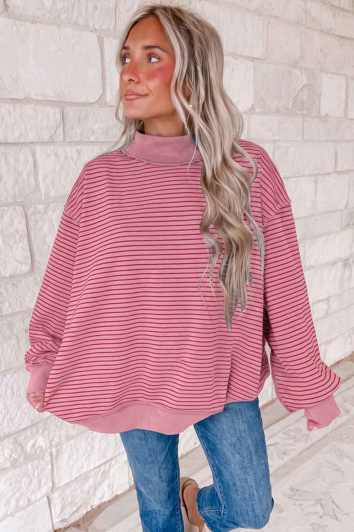 Green Stripe Ribbed Color Block Mock Neck Oversized Sweatshirt-Tops/Sweatshirts & Hoodies-[Adult]-[Female]-2022 Online Blue Zone Planet