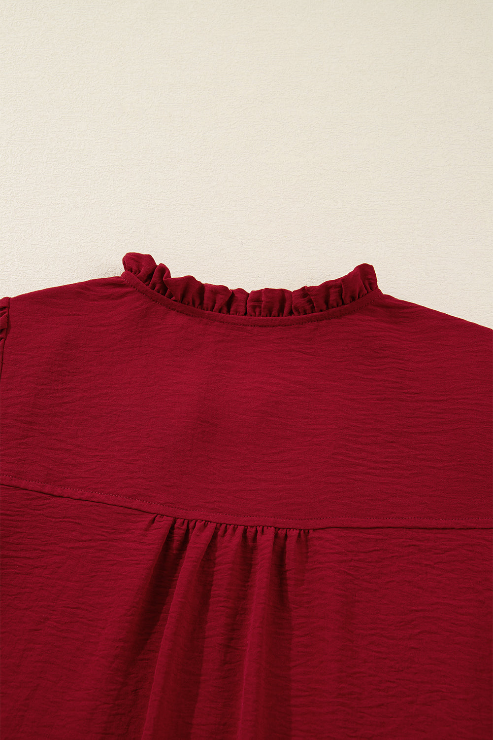 Burgundy Notched Neck Shirred Cuff Long Sleeve Blouse-Tops/Blouses & Shirts-[Adult]-[Female]-2022 Online Blue Zone Planet